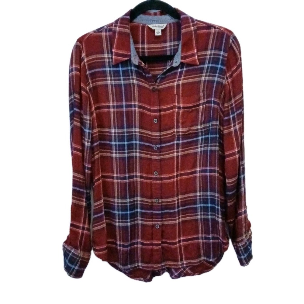 Lucky Brand Red Buffalo Plaid Long Sleeve Split Back Size Small Lightweight